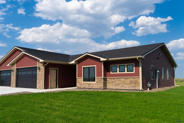 1152 Single Tree Dr Lot 24A, Piedmont, SD 57769 - view of front of house with stone siding, a front yard, an attached garage, driveway, and roof with shingles