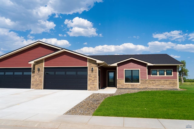 1152 Single Tree Dr Lot 24A, Piedmont, SD 57769 - ranch-style home with a garage, a front yard, concrete driveway, and stone siding