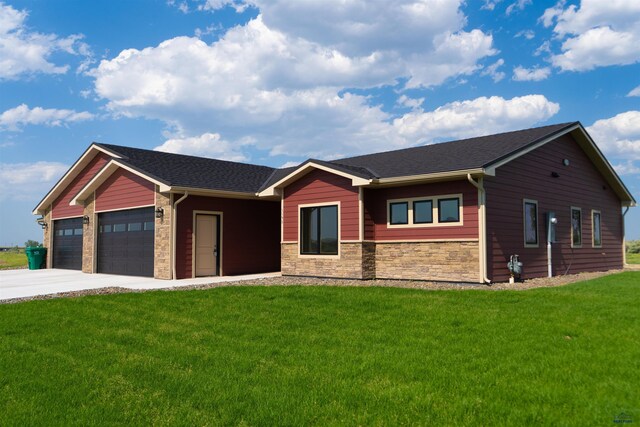 1152 Single Tree Dr Lot 24A, Piedmont, SD 57769 - ranch-style house featuring an attached garage, stone siding, a front lawn, driveway, and a shingled roof