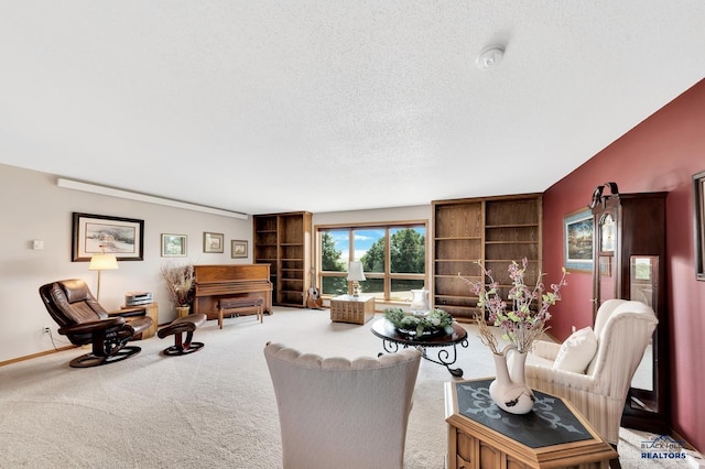 carpeted living room featuring a textured ceiling