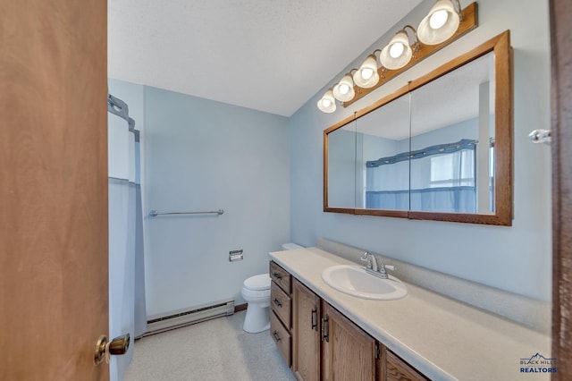 bathroom with a shower with shower curtain, vanity, toilet, and baseboard heating