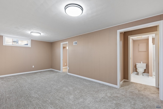 basement featuring light colored carpet