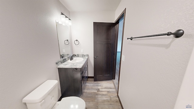 bathroom featuring toilet, vanity, and hardwood / wood-style flooring