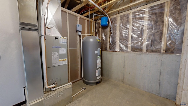 utility room featuring heating unit and water heater