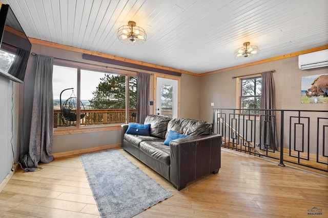 living room featuring a wall mounted AC, wooden ceiling, a chandelier, and light wood-type flooring