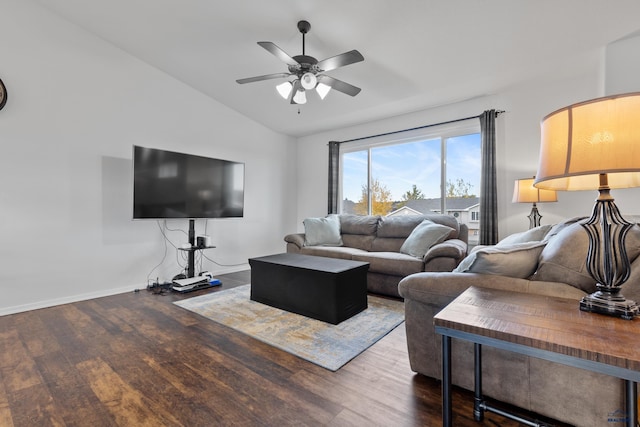 living room with hardwood / wood-style floors, vaulted ceiling, and ceiling fan