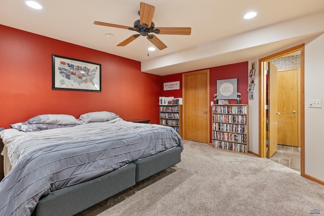 bedroom featuring ceiling fan and carpet floors