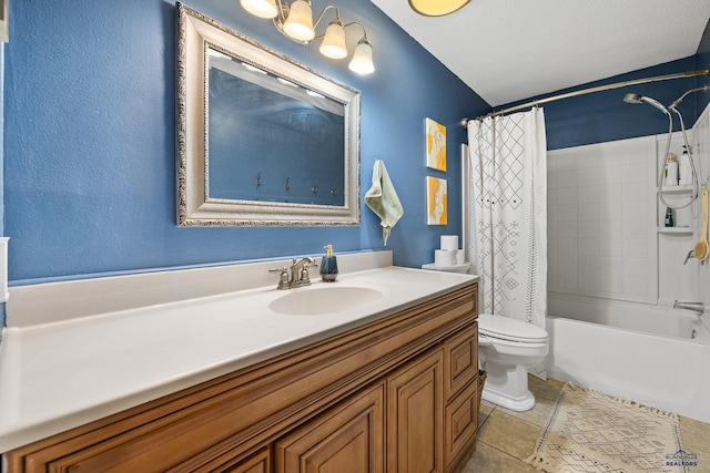 full bathroom with shower / bath combination with curtain, vanity, toilet, and tile patterned floors