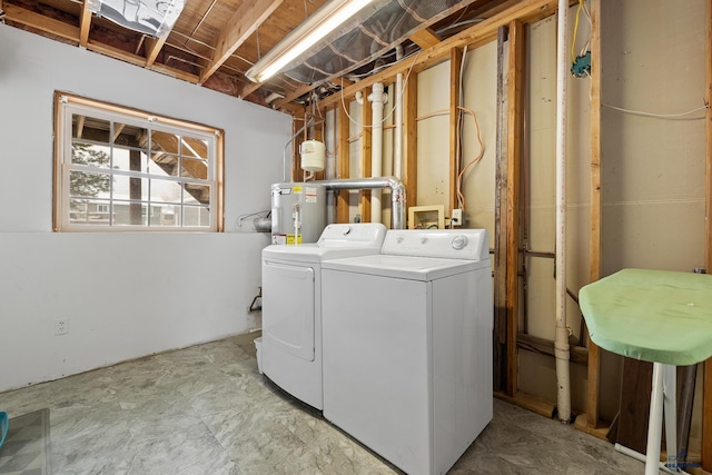 laundry area with washing machine and clothes dryer and electric water heater