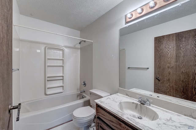 full bathroom featuring vanity, shower / tub combination, a textured ceiling, and toilet