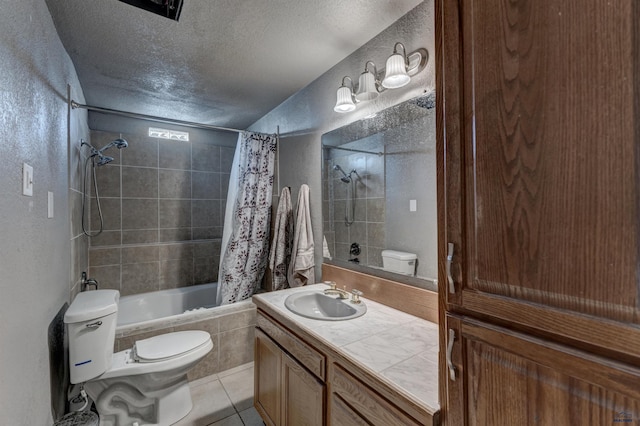 full bathroom with vanity, tile patterned flooring, toilet, shower / bathtub combination with curtain, and a textured ceiling