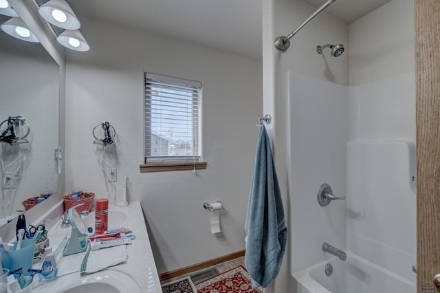 bathroom featuring shower / washtub combination and vanity