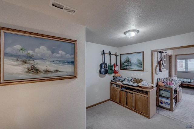 interior space with light carpet and a textured ceiling