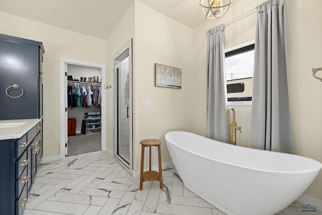 bathroom with vanity and plus walk in shower