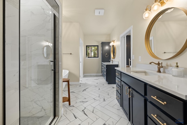 bathroom featuring vanity and walk in shower