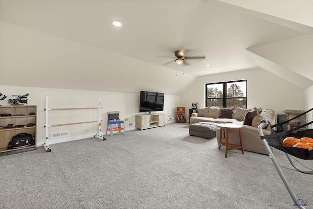 living room with carpet flooring, ceiling fan, and lofted ceiling