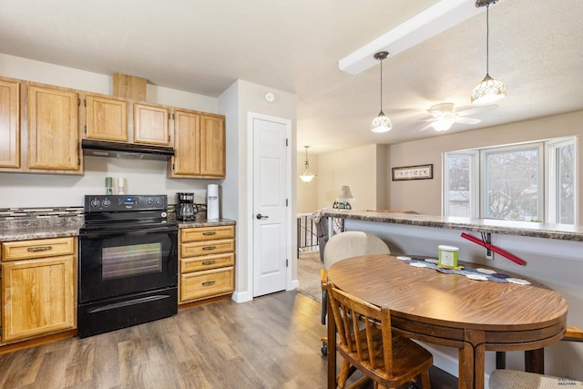 kitchen with dark hardwood / wood-style flooring, ceiling fan, light brown cabinets, black electric range oven, and hanging light fixtures