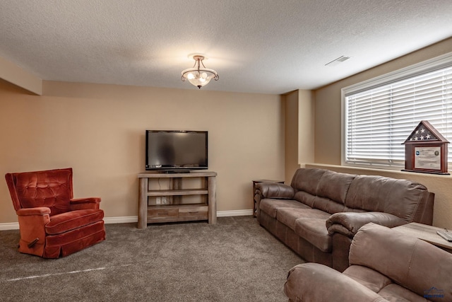 living room featuring carpet flooring and a textured ceiling