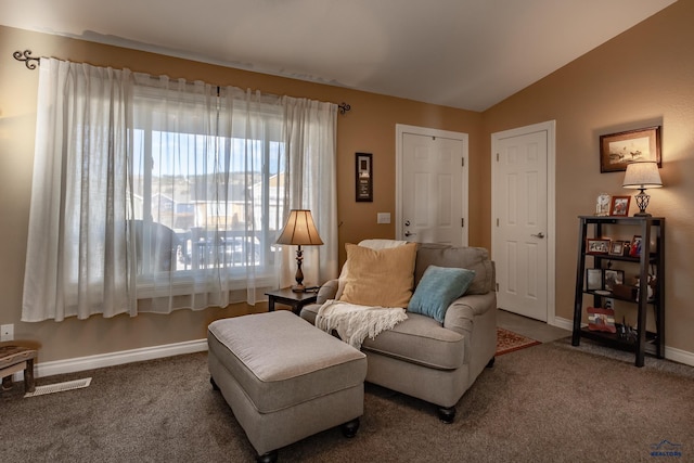 sitting room featuring vaulted ceiling and carpet flooring