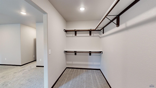 walk in closet with light colored carpet