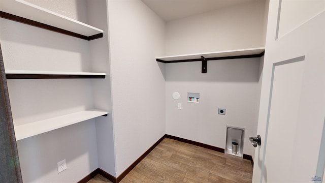 washroom with wood-type flooring, hookup for an electric dryer, and washer hookup