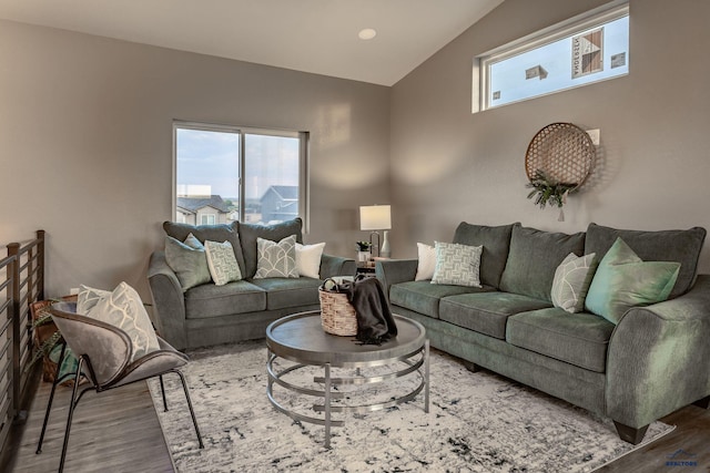 living room featuring vaulted ceiling and hardwood / wood-style floors