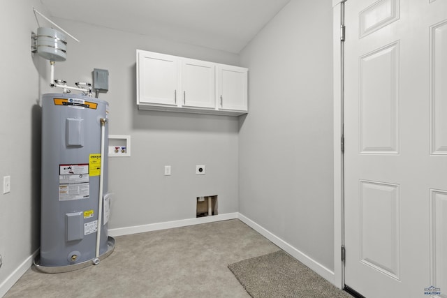 washroom featuring water heater, washer hookup, cabinets, and electric dryer hookup