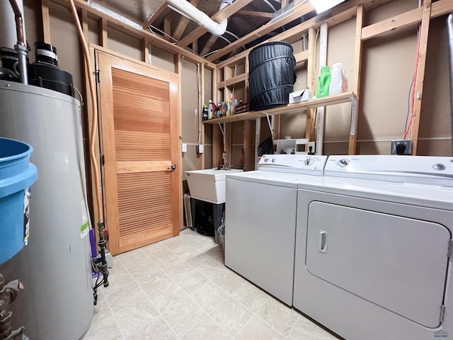 laundry room with water heater and separate washer and dryer