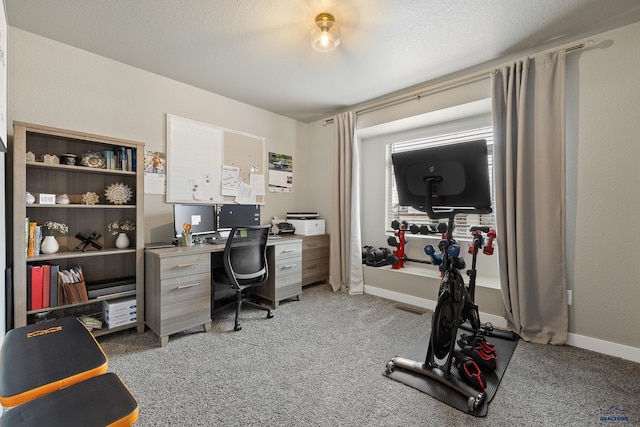 carpeted office featuring a textured ceiling