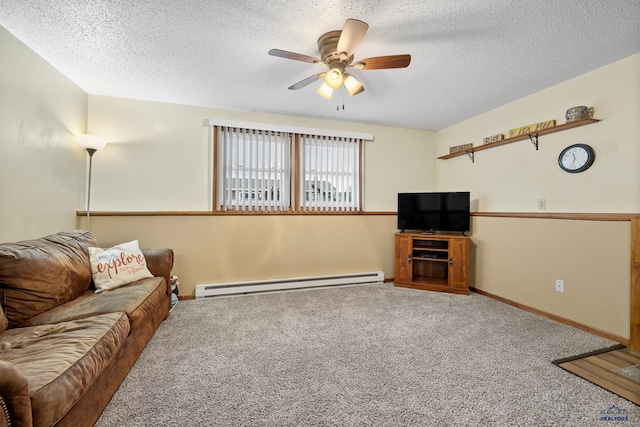 living room with ceiling fan, a textured ceiling, a baseboard heating unit, and carpet flooring