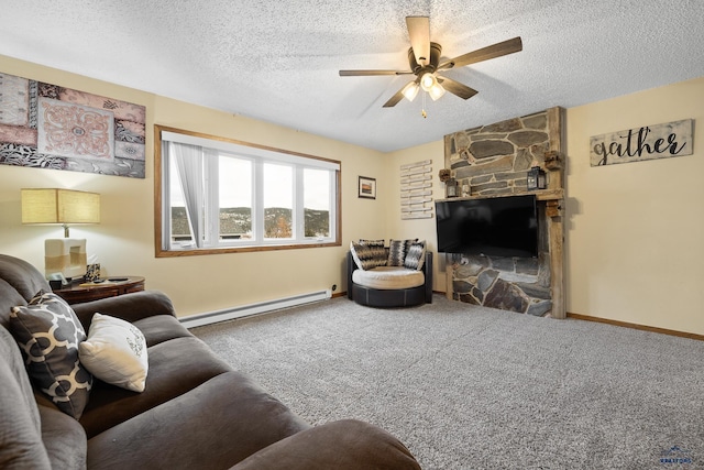 living room with carpet floors, a stone fireplace, a textured ceiling, and a baseboard radiator