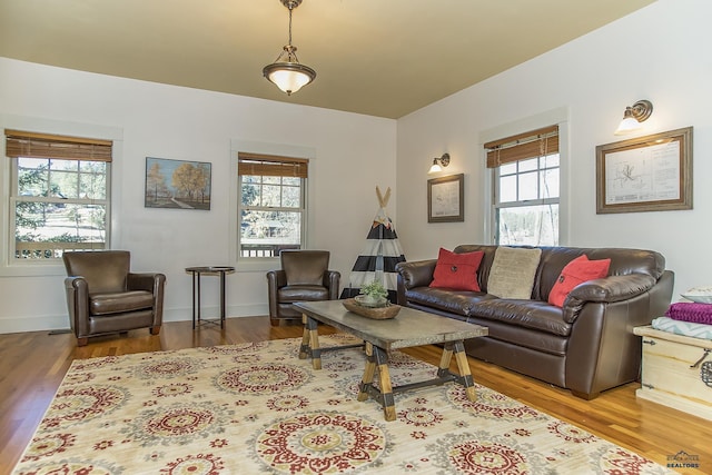 living room featuring light wood-type flooring and plenty of natural light