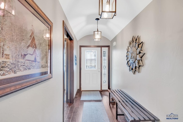 entryway featuring dark wood-type flooring and lofted ceiling