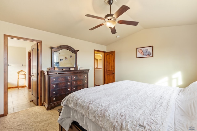 carpeted bedroom featuring ceiling fan and lofted ceiling