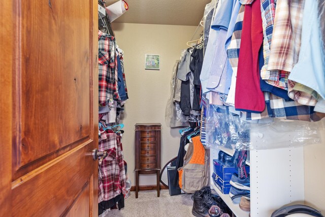 walk in closet with light carpet