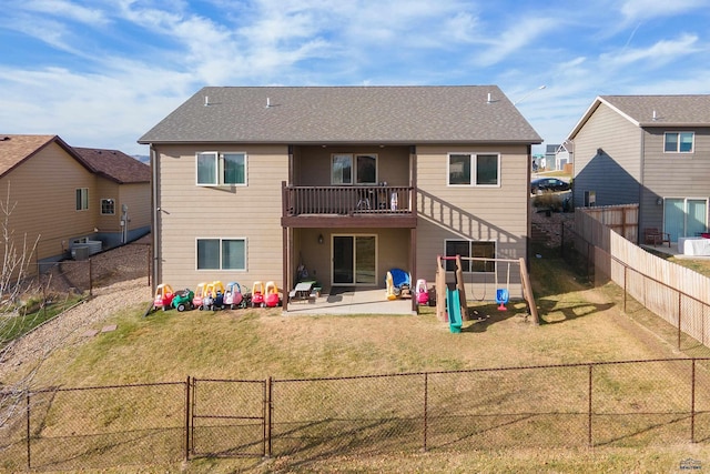 back of property featuring a playground, a patio, a yard, and cooling unit