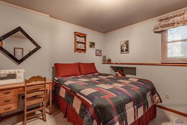 carpeted bedroom with ornamental molding and a textured ceiling