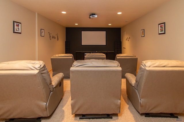 home theater featuring light carpet