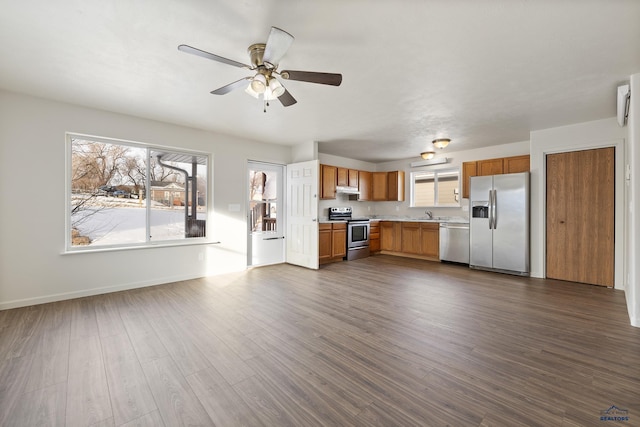 kitchen featuring ceiling fan, dark wood-type flooring, sink, and stainless steel appliances