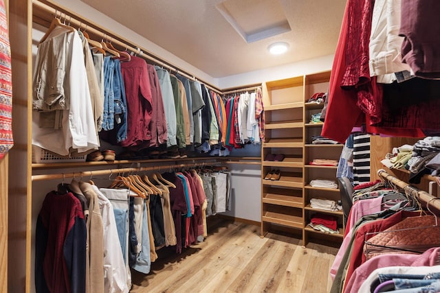 walk in closet with light wood-type flooring