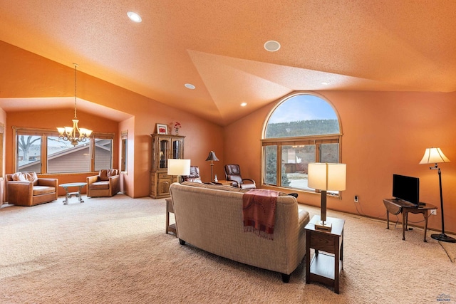 carpeted living room with vaulted ceiling, a notable chandelier, and a textured ceiling