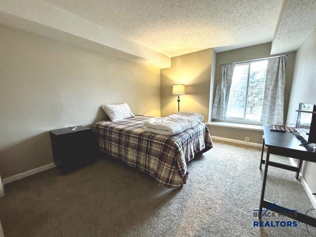 carpeted bedroom with a textured ceiling