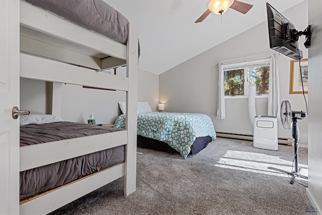 carpeted bedroom with a baseboard heating unit, vaulted ceiling, and ceiling fan