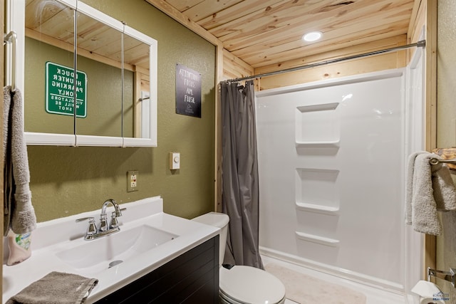 bathroom featuring vanity, toilet, wooden ceiling, and a shower with curtain