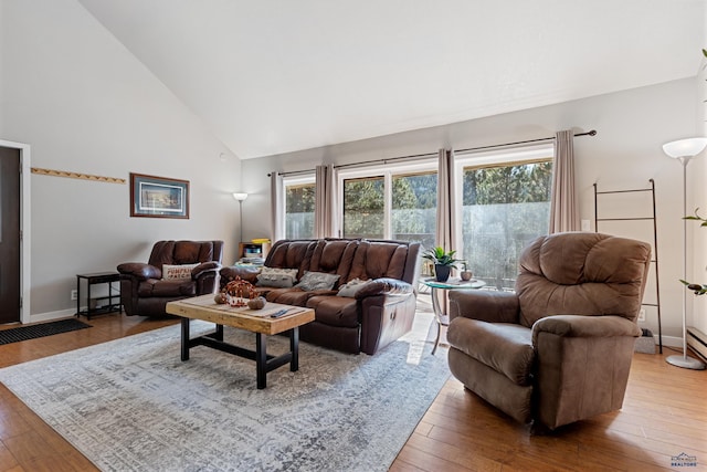 living room with hardwood / wood-style flooring and high vaulted ceiling