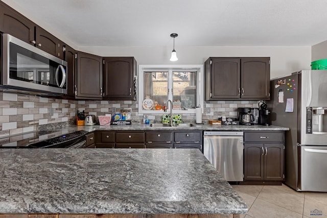 kitchen with appliances with stainless steel finishes, sink, backsplash, and dark brown cabinets