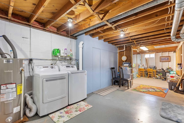 basement with water heater and washer and clothes dryer