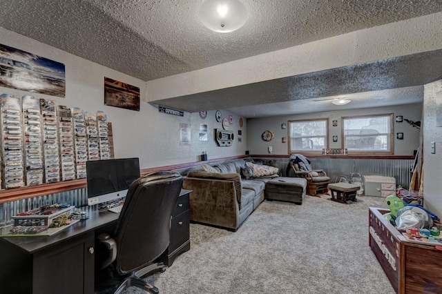 office space with light carpet and a textured ceiling