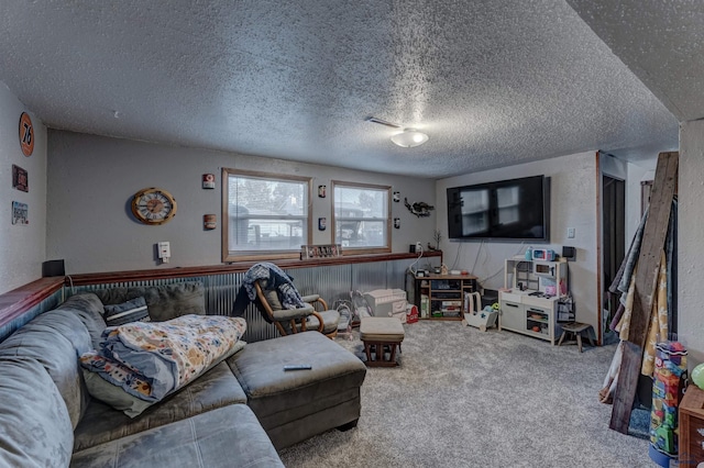 carpeted living room featuring a textured ceiling