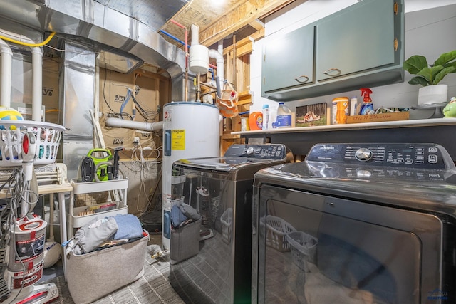 laundry room featuring electric water heater, washing machine and dryer, and cabinets